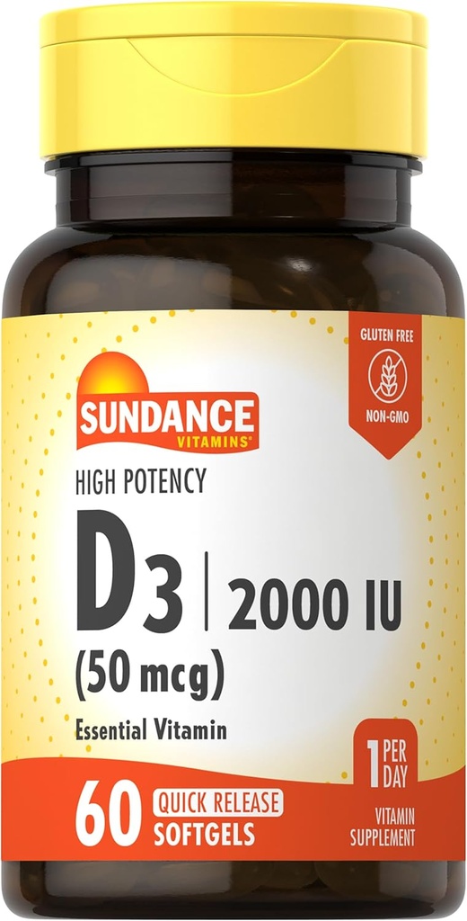 Sundance Vitamin D3 2000 IU PHARMAN 124; 60 Softgels Quick Release 124; High Potency PHARMAN 124; Non- GMO a gluten zdarma dodatek
