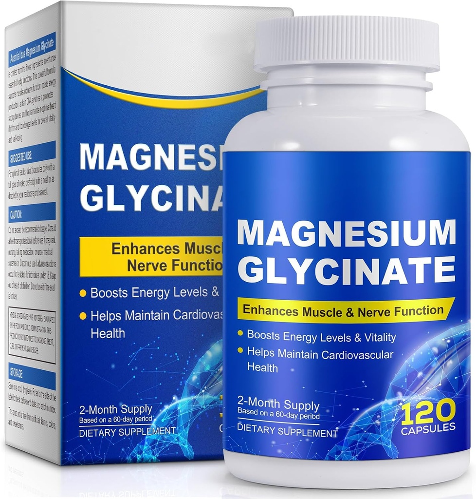Magnesium-Glycinat für Schlaf, Stimmung, Gehirn, hohe Absorption 120 Kapseln Ergänzung, elementares Magnesium mit 100mg Calcium - hochverfügbar - mit Vitamin D3 & K2