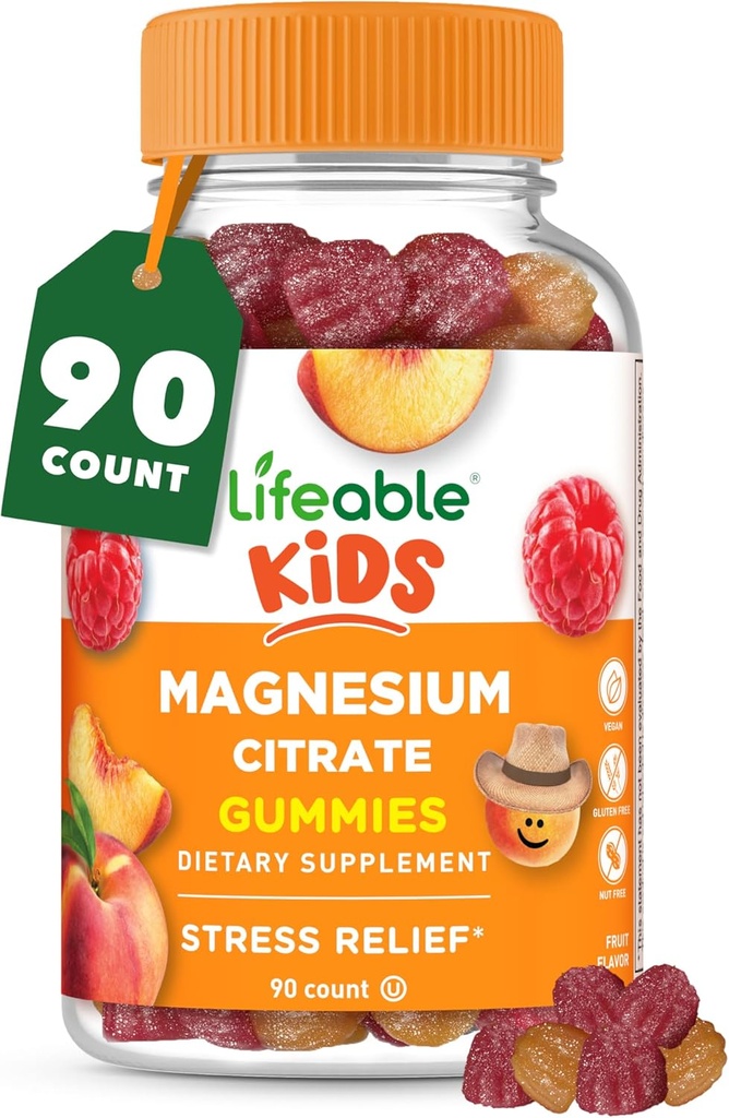 Magnesio Gummies bizigarriak haurrentzat | 170mg Magnesium elementua 1,420mg Magnesium Citrate-tik | Tasting Kids Magnesium Supplement | Muscle Support and Stress Relief Chewable | 90 Gummies