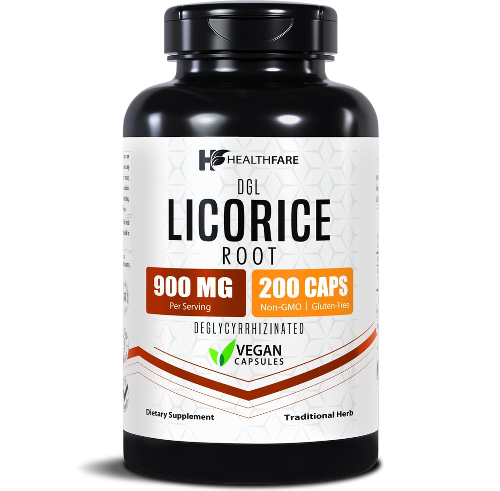 Healthfare Licorice Root Extract 900mg | 200 Vegan Capsules DGL Supplement | Extra Strength Herbal Formula | Non-GMO, Gluten-Free | Made in USA