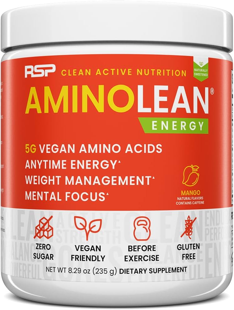 RSP NUTRITION AminoLean Natural Pre Workout Powder, Sucralose Free Amino Energy No Artificial Dyes, Vegan BCAAs eta Pisu Kudeaketa, Mango, 25 Serv