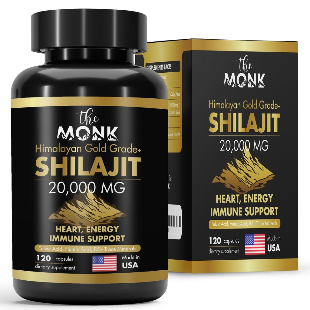 Organic Shilajit with Fulvic Acid, Humic Acid, 85+ Minerals- Gold Grade Plus - Same as Resin - Energy, Stamina, Brain Support - 120 Capsules - Made in The USA