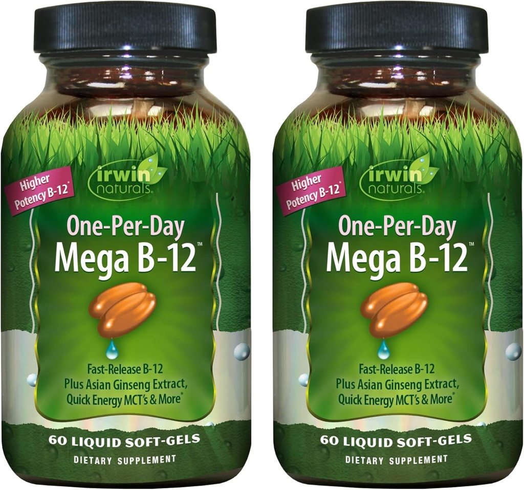 Irwin Naturals One- Per- Day Mega B- 12 1 500 µg magas potencia metilkobalamin vitamin - Fast Enhanced Absorption with MCT + Asian Ginseng - Natural Energy Boost - 60 Liquid Softgels (2-es csomag)
