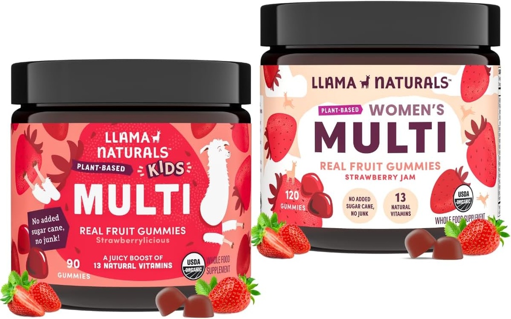 Llama Naturals Ekte Frukt Multivitamin Gummies | Kids & kvinners hele matbaserte vitaminer | Nei tilsatt Cane Sukker | Organisk, Vegan, Chewable | 90 ct & 120 ct
