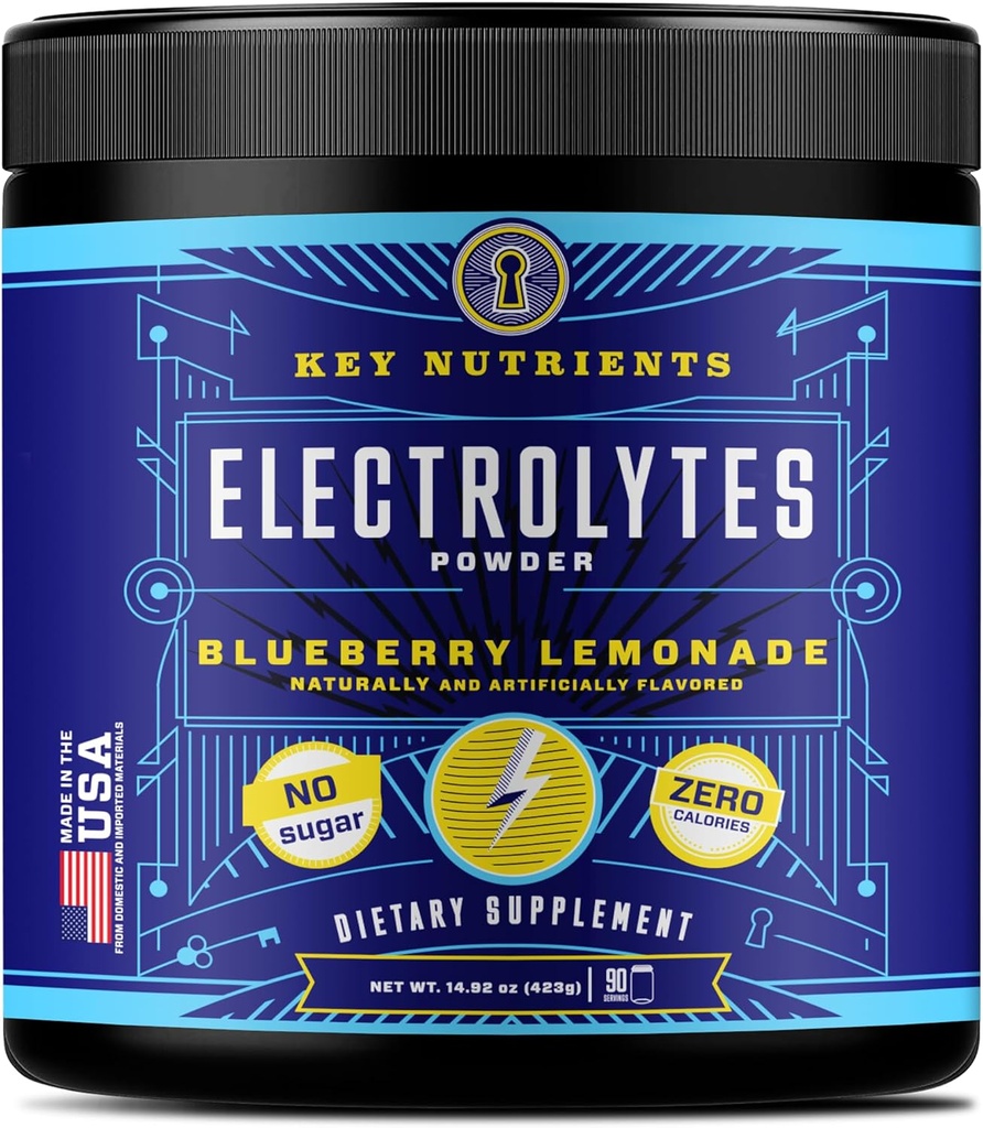 Numery KLUCZOWE Multiwitamina Electrolytes Proszek bez cukru - Świeże Blueberry Lemoniada Electrolyte Proszek - Endurance & Suplement energii - Napoje nawadniające - No Calories - 90 Sługi - Made in USA