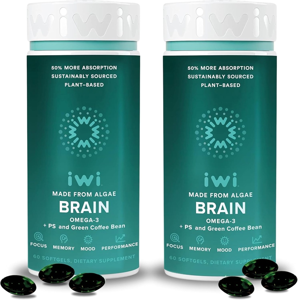 Iwi vida Brane Omega-3, 120 Softgels (60 Servings), Vegan Plant-Based Algae Omega-3 amb EPA + DHA, Focus, memòria i Modd support Dietary suplementari, Krill & Petroli de peix, Sense peix després d'atate