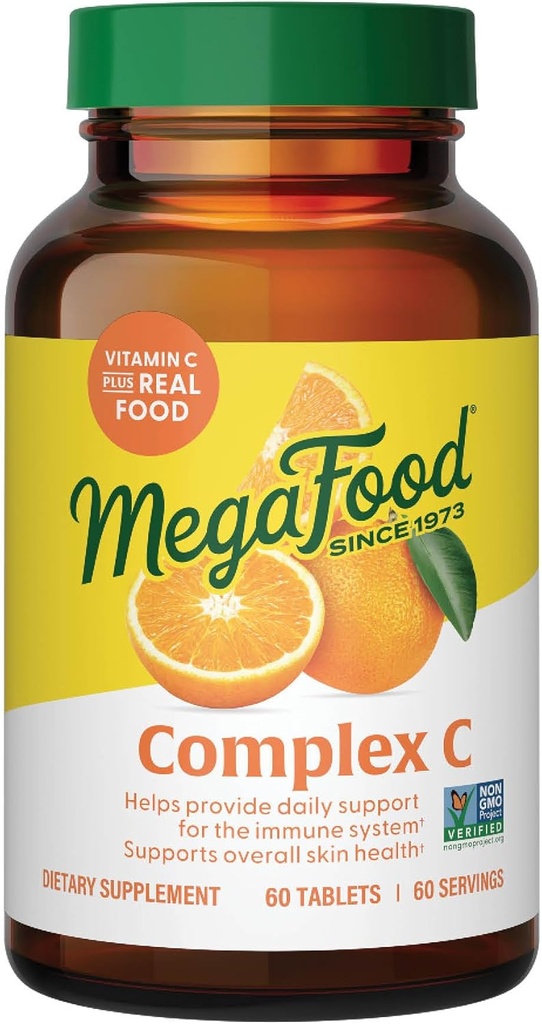 MegaFood Complex C - Vegan Immune Suplemen dengan Vitamin C 250 mg, Dibuat dengan Real Food Termasuk Orange, Cranberry & Brown Rice, Gluten- Bebas, Kosher - 60 tablet, 60 Servings