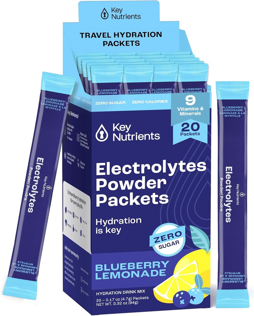 KEY NUTRIENTS Multivitamin Electrolytes Powder Packets - Delicious Blueberry Lemonade 20 Pack Hydration Packets - Reise Hydration Powder - Ingen sukker, Ingen kalorier, Glutenfri - laget i USA