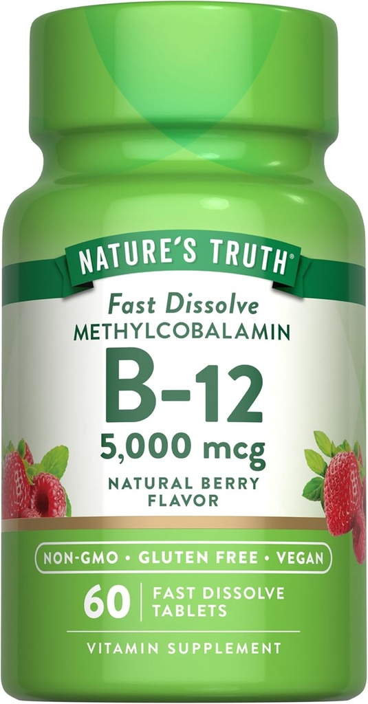 자연의 진실 B12 비타민 5000 mcg | 60 정제 | 빠른 용해 천연 베리 맛 | Vegan, Non-GMO & 글루텐 무료 보충