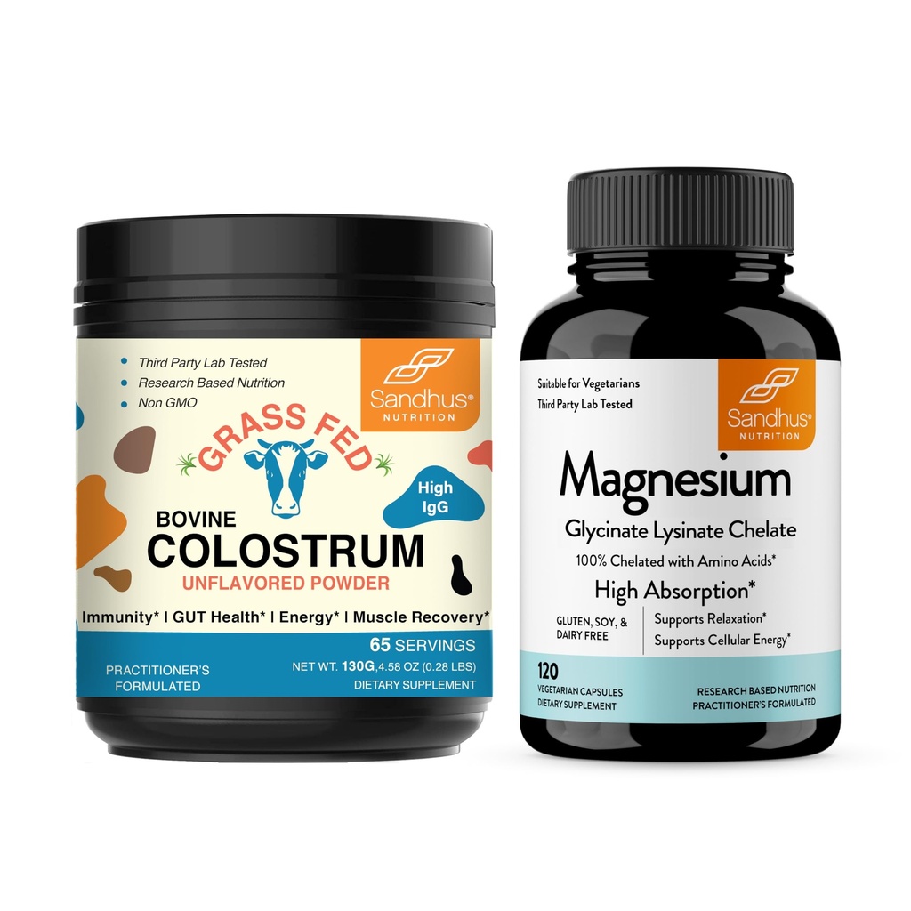 Sandhu's Bovine Colostrum Powder & Magnesium Glycinate Lysinate Capsules | Helps Gut, Immune Heath & Sleep Support