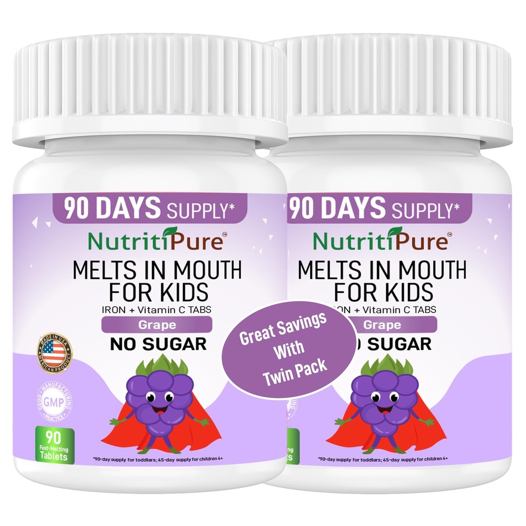 Kids Chewable Iron Supplement, Ferronyl® Carbonyl Iron 9 mg, Vitamin C 30 mg, Grape Flavor, 90 Tablets (2 Bottles)