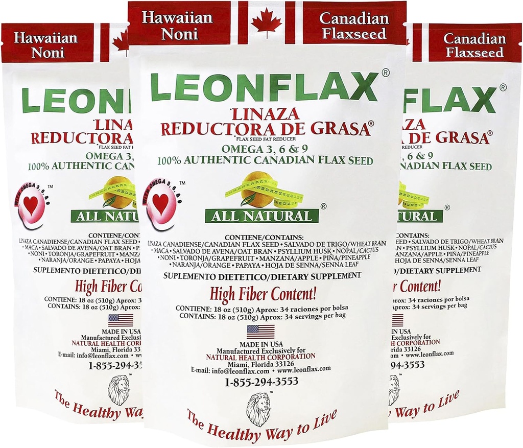 Leonflax, 100% Authentic Canadian Flax Seed, All- Natural, High Fiber Content, Diyetary Supplement to improve Your Digestive Health, 18 Oz, Bag, Natural Health Corporation (Pack of 3)