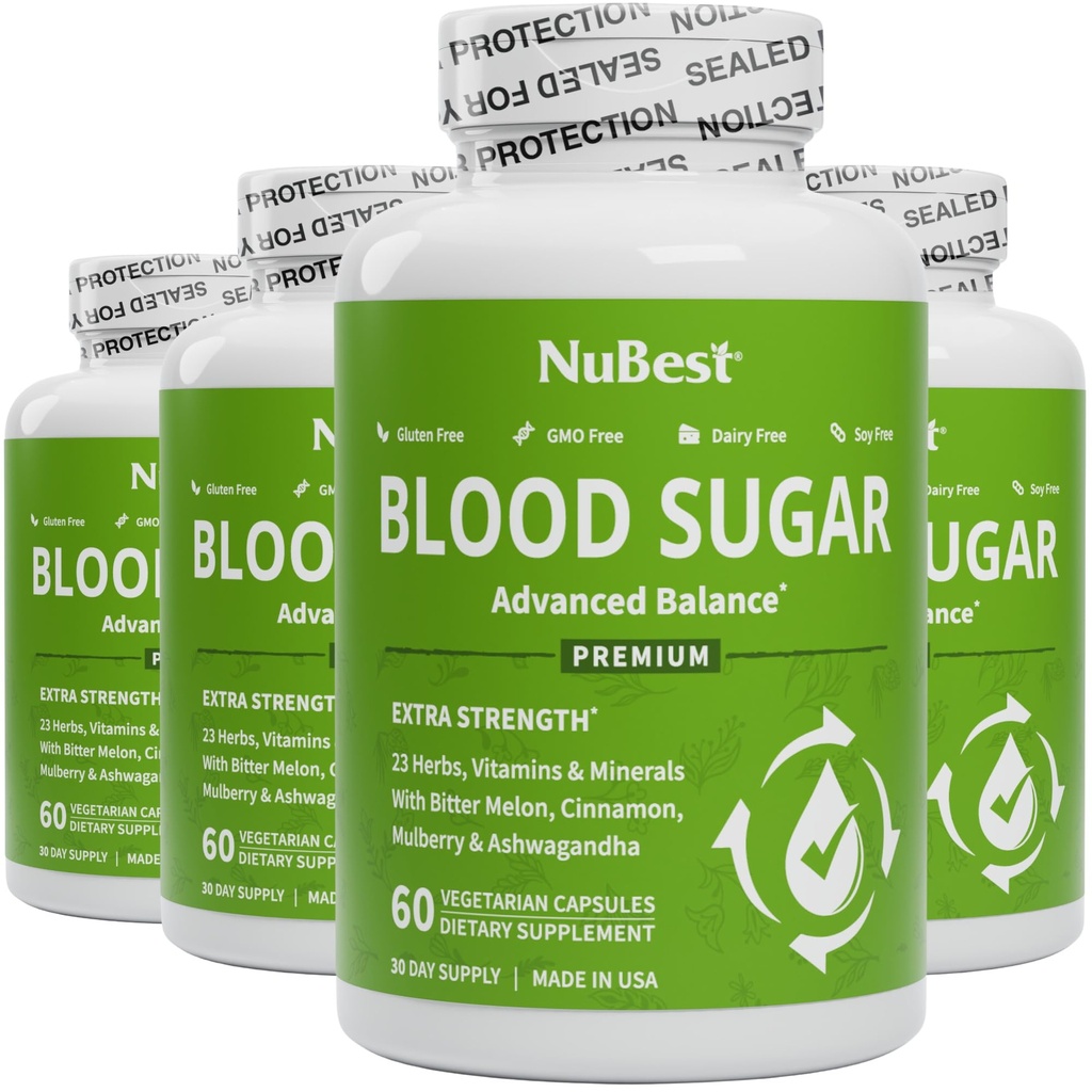 NuBest Blood Sugar - Premium Formula with Bitter Melon, Ashwagandha, Cinnamon, Chromium, Magnesium, Vitamins, Alpha Lipoic Acid, Cayenne Pepper - Support Healthy Blood Sugar - Pack 4