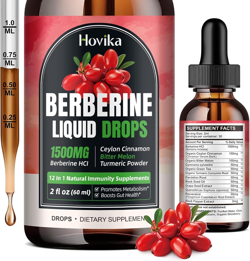 Berberine HCL Liquid Drops - 1500 mg Vysoce absorbovatelné Berberine Liquid Drops - Berberine Veggie Dodatek pro imunitní, Digestion System and Heart Health Support, Strawberry Flavor- 2 FL Oz