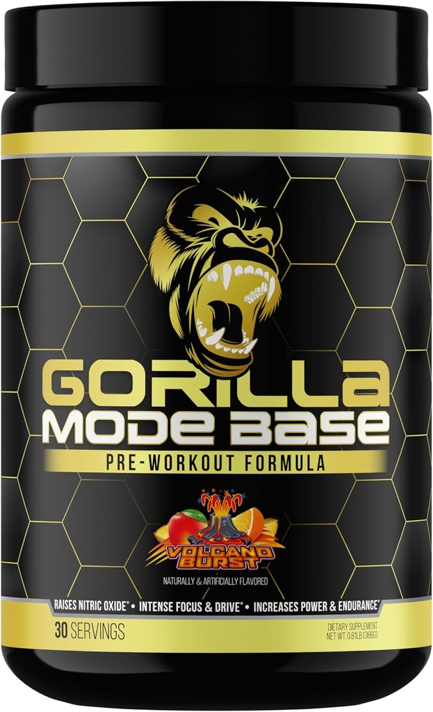 Gorilla Mind Base Pre Workout - Verhoogt Nitric Oxide Intense Focus & Drive Endurance Power - L-Citrulline, L-tyrosine, Betaine, Alpha-GPC, Cafeïne, Huperzine A - 360 Gram (Volcano Burst)