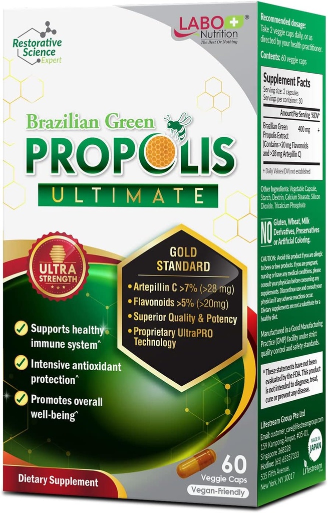 LABO Nutrition Braziliya Green Propolis Ultimate - Contains >7% və ya 28mg mərkəzi Artepillin C və >5% Flavonoids, Immune və Brain Support, Natural, High Focus & Premium, 60 Veg Capsules