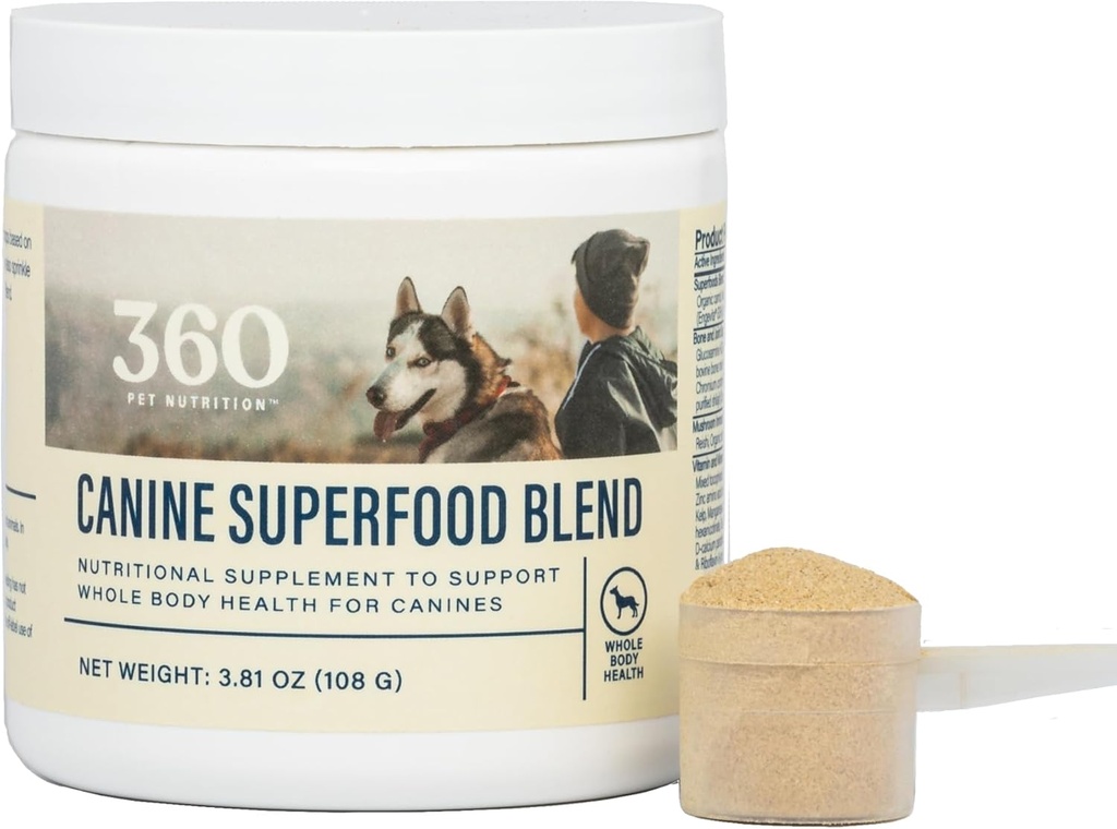 360 Pet Nutrition Canine Superfood Boost - Bizitza osoko etapako Dog Meal Topper & Supplement, Osasun bateratua, Digestiboa eta Inmunea onartzen ditu, 30 zerbitzu, Beef Flavor