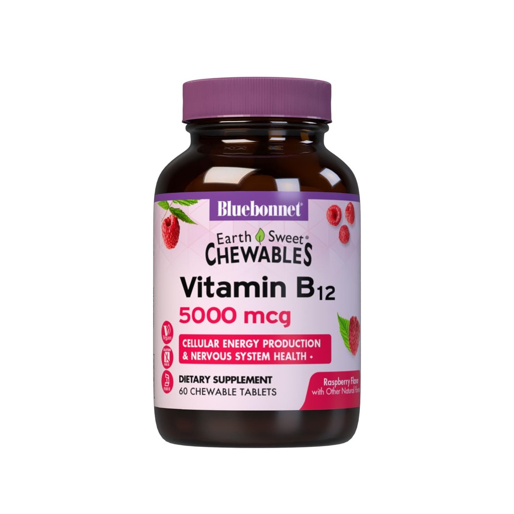BlueBonnet Nutrition Earth Sweet Vitamin B12 5000 mcg Chewable Tablets, Soy-Free, Gluten-Free, Kosher Certified, Dairy-Free, Vegan, Raspberry Flavored, 60 Chewable Tablets, 60 Servings