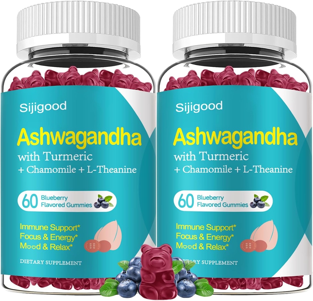 2 Pack Ashwagandha Gummies, Immunity, Relaxation, Calm Mood & Zzz, Kişi və Qadınlar üçün Ashwagan Supplementdhas, Natural Blueberry Flavor, 120 Count