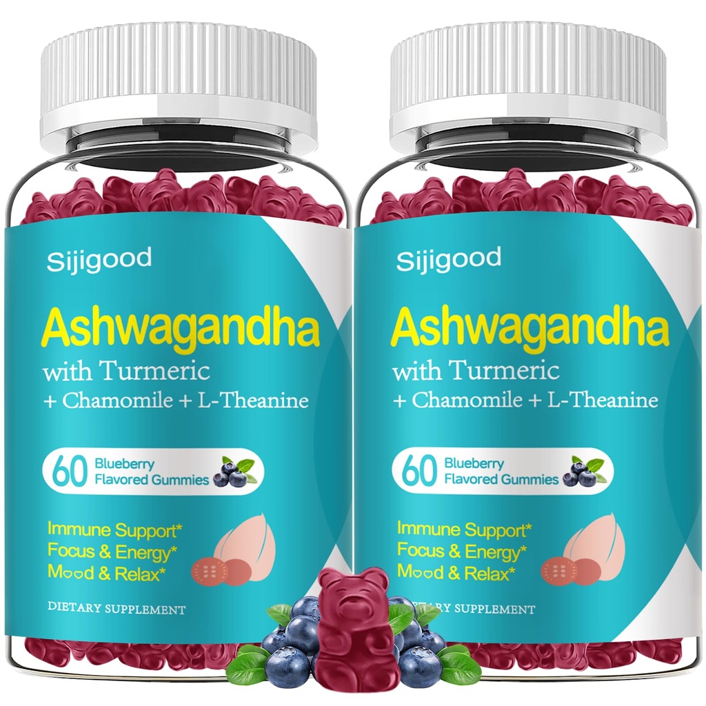 2 Pack Ashwagandha Gummies, Support for Immunity, Relaxation, Calm Mood & Zzz, Ashwagandha Supplements for Men & Women, Natural Blueberry Flavor, 120 Count