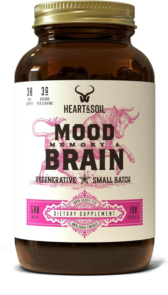 SRCE & SOIL Grass Fed Beef Brain Supplement – 3000mg Možgani dopolnila za spomin in fokus z DHA, EPA, Choline, B12, Folat, Riboflavin, Selen in baker - ne-GMO, Alergen-free - 180 kapsul
