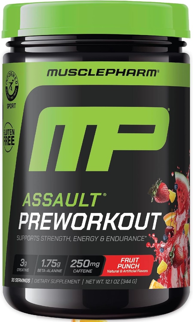 MusclePharm Assault Pre Workout Powder for Men & Women – Energy & Strength Boost Pre-Workout Integratori con Beta Alanine, Caffeina, Creatine & Betaine Anhydrous – 30 Serve, Fruit Punch Flavor