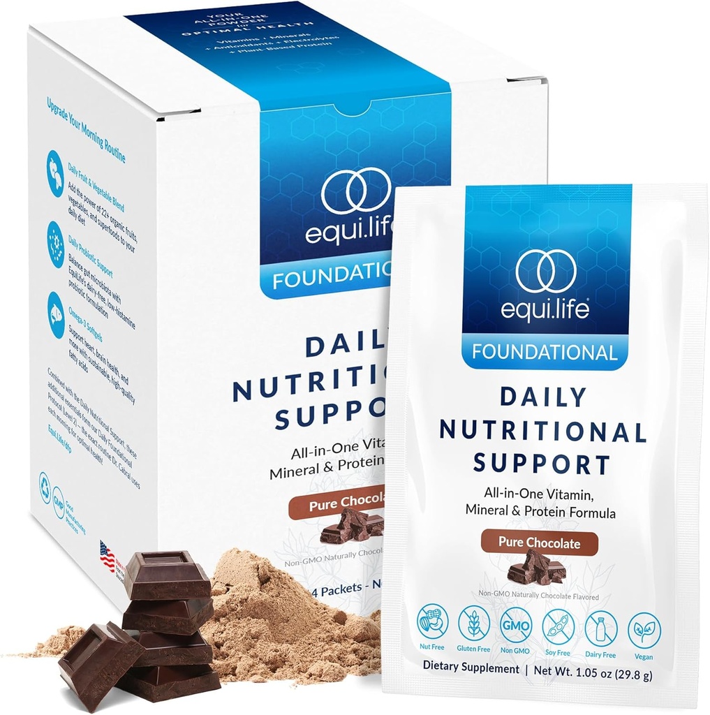 Equilife Daily Nutritional Support, All-in-One Multivitamínová náhrada, Čistá čokoládová chuť, 15G rastlinný proteín, podporuje celkový wellness vrátane energie, trávenie, & koža, 14 paketov