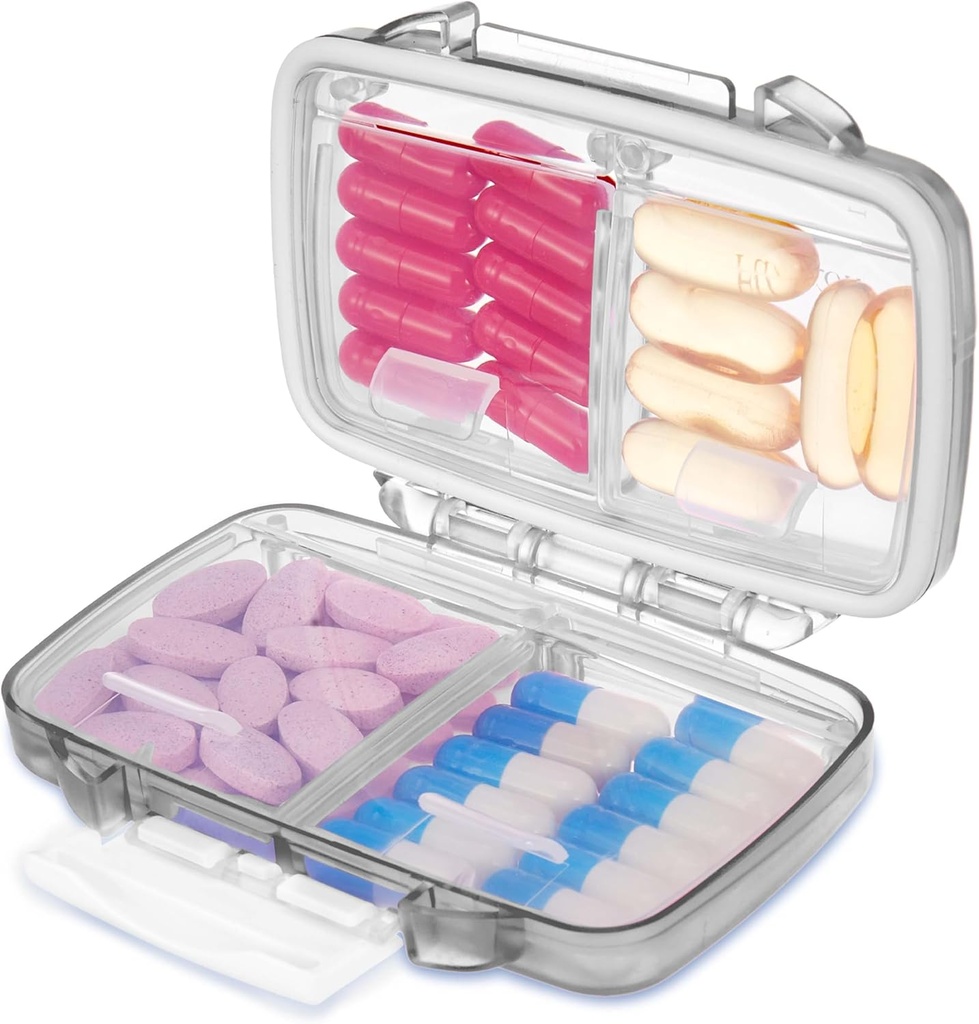 Fullicon Travel Pill Organizátor, 4 Compartments Přenosný Pill Pouzdro, Moisture Proof Small Pill Box s etiketami, Travel Pill Pouzdro s dvojitým zámkem, Pocket Pharmacy pro vitamin D3 & Fish Oil (Grey)