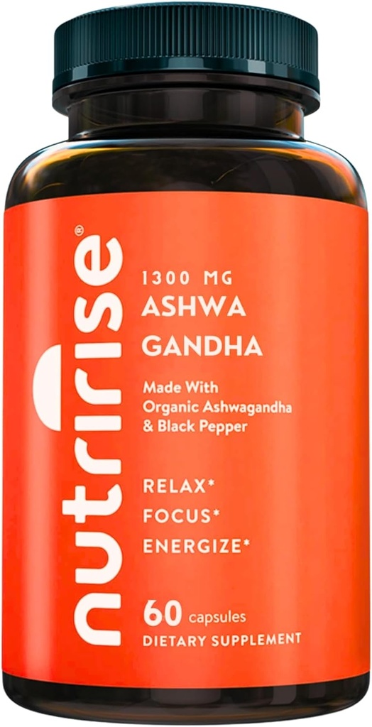 NutriRise Økologisk Ashwagandha Root Capsules med svart pepper, 1300mg, naturlig stress og humør, Thyroid & Immune Support Supplement, Klarhet, Fokus og energi, Glutenfri, 60 greve