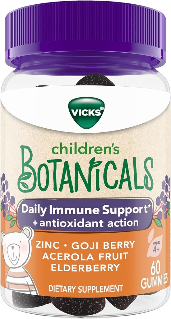 Vicks Kinder Botanicals Tägliche Immununterstützung* + Antioxidante Aktion, Gummi, Hergestellt mit Zink, Goji Berry, Acerola Fruit, and Elderberry, 60 ct
