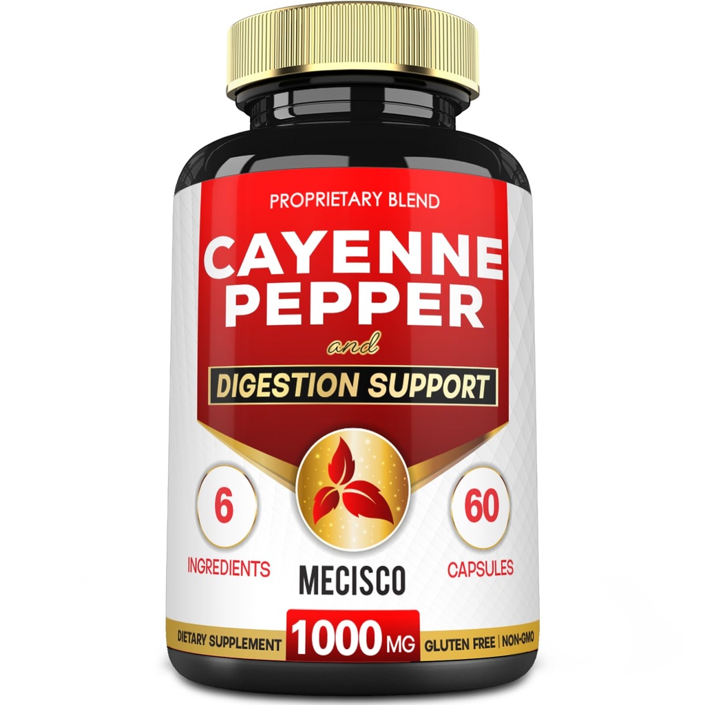 Mecisco 6in1 Cayenne Pepper Capsules with Ginger Root, Beet Root, and Black Pepper and More - 60 Capsules - Cayenne Supplement Supports Digestion System, Immunity