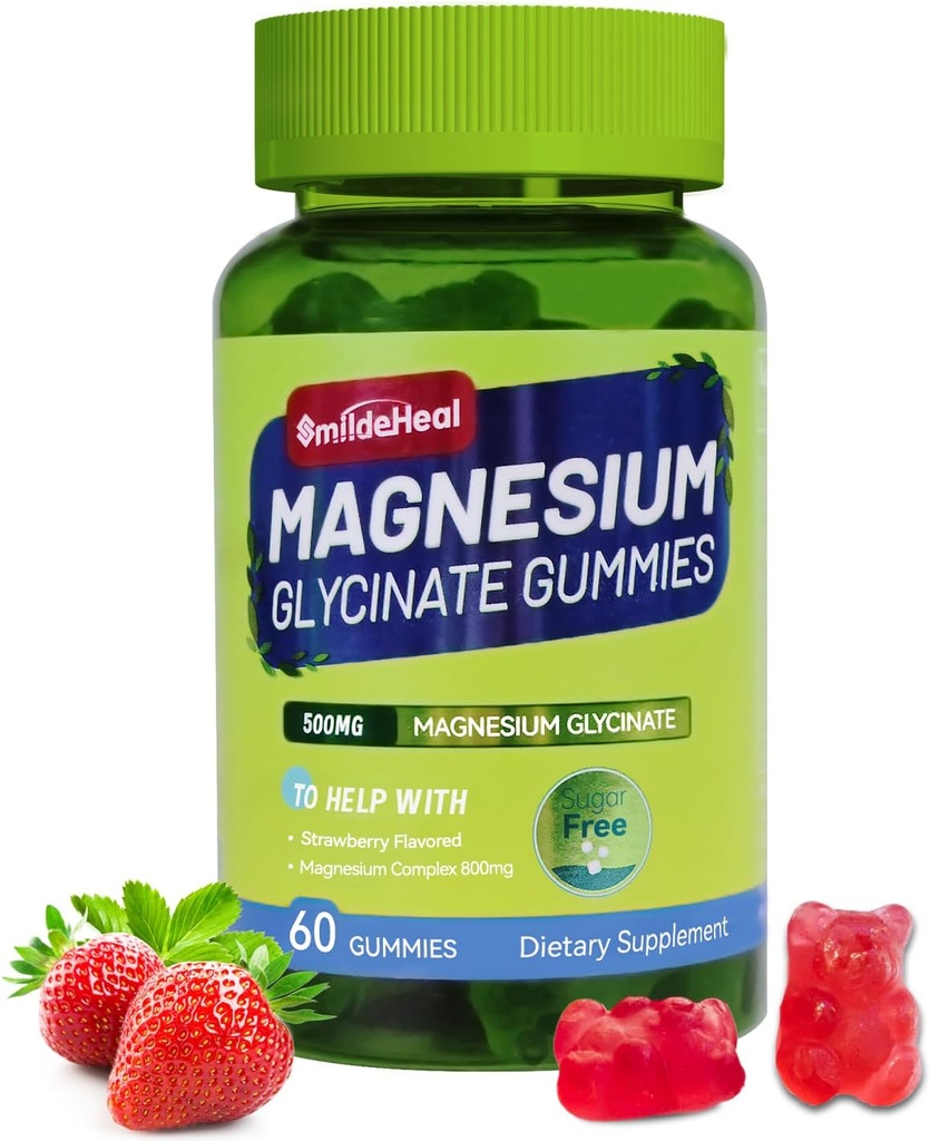 Magnézium Glicinate Gumies 500mg L- Threonate 300mg - Sugar- Free Magnézium Káliumpótló D-vitaminnal, B6, CoQ10 - Eper ízesítésű - 60 Gumies