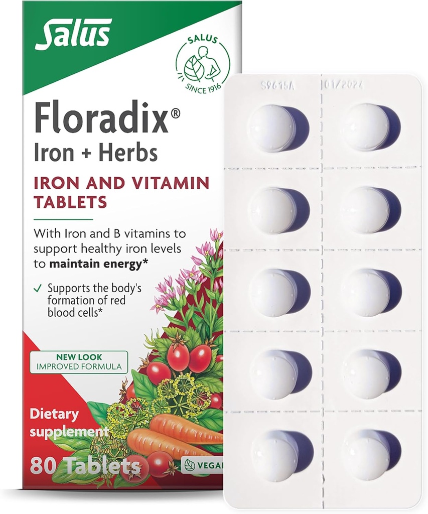Comprimidos de ferro Floradix - Suplemento de ferro com vitaminas B, ácido fólico, vitamina C e mais - Suporte energético - Vegetariano e sem glúten - 80 Comprimidos (80 Servimentos)