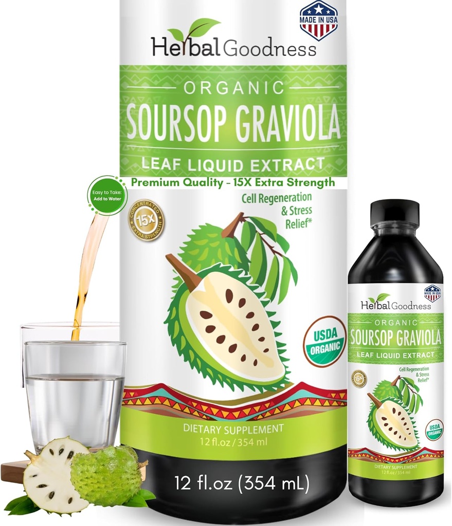 Herbal Goodness Soursop Graviola Liquid Drops 12 Fl Oz - 15X Strength Organic Guanábana Soursop Leaves Extract for Gut Health, Cell & Immuunituki Serene Soursop Drops - Vegan, non-GMO, Made in USA