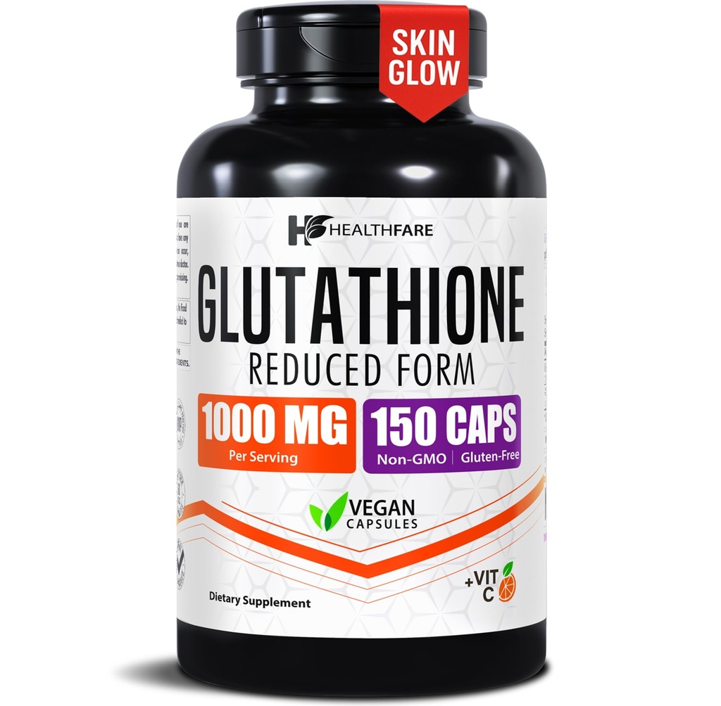 Healthfare Glutathione Supplement 1000mg | Reduced GSH Antioxidant | 98%+ Highly Purified | 150 Vegan Capsules | Immune & Detox Support | Non-GMO, Gluten-Free | Made in USA