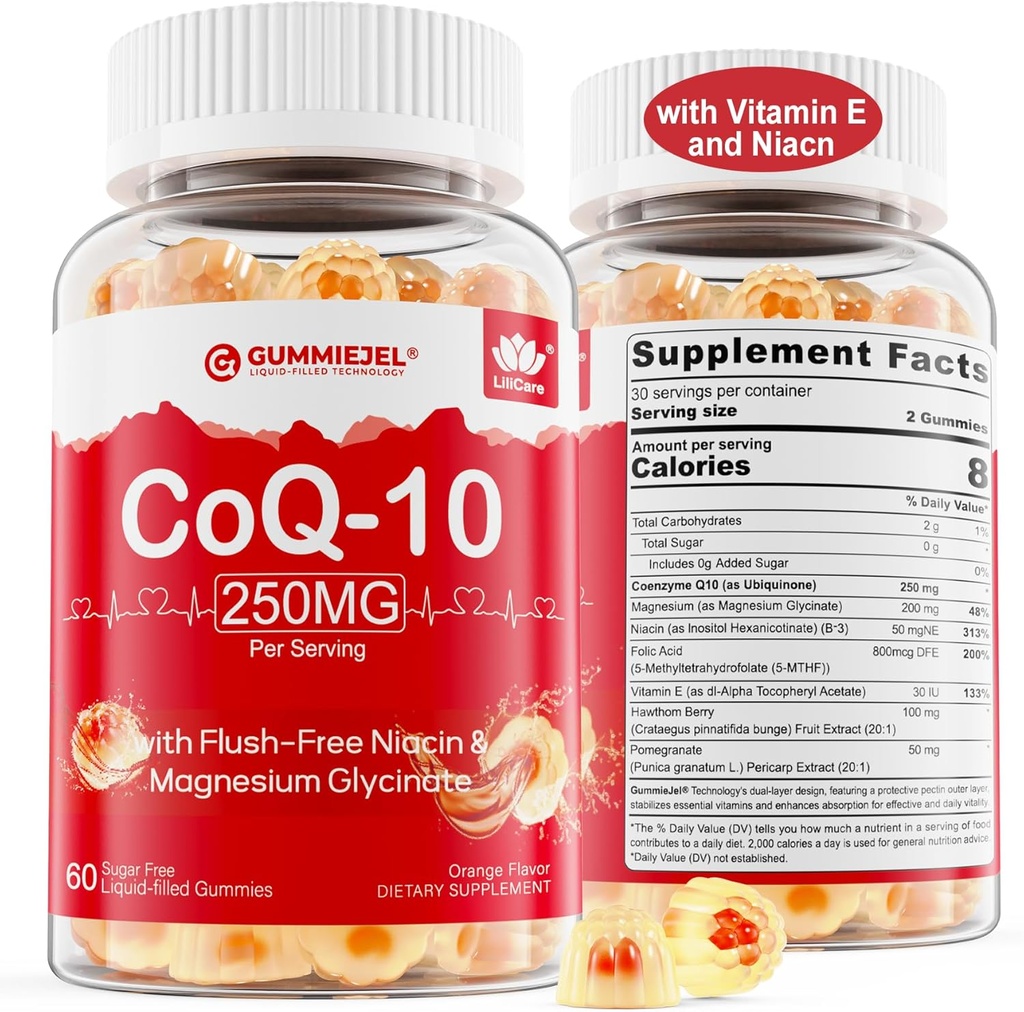 Sugar Free CoQ10 Filled Gummies 250MG, Coenzyme Q10 w/Magnesium Glycinate, Niacin No-Flush Vitamin B3, E & Folic Acid, High Absorption CoQ10 for HEA-rt, Cellular Energy & Antioxidant