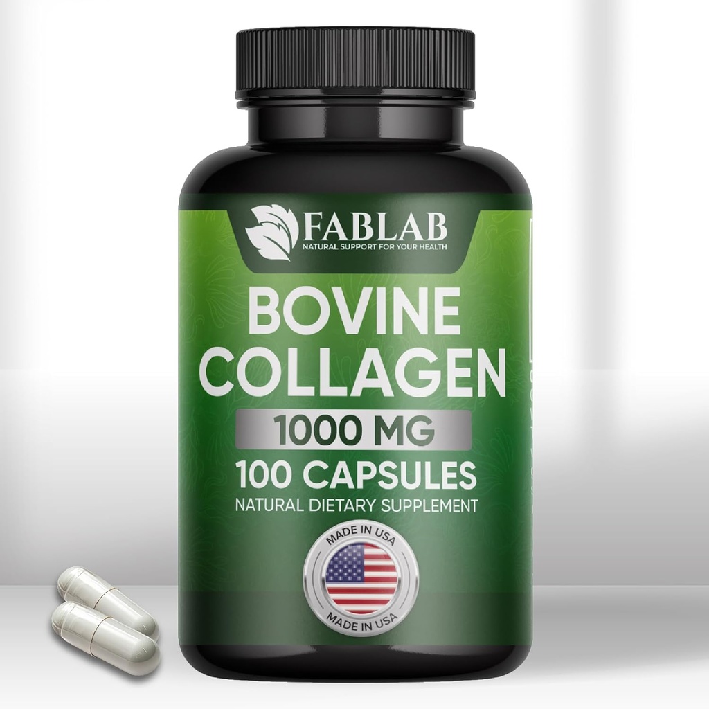 FabLab Bovine Collagen Tipo I Supplemento - Integratore nutrizionale per Joint, Nerve & Bone Support - Non-GMO, Anti-invecchiamento Prodotto dietetico con Peptidi idrolizzati - 100 Capsule