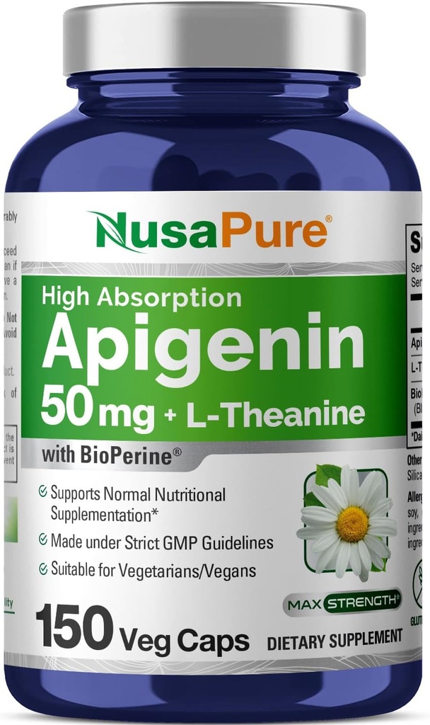 NusaPure Apigenin 50mg & L-Theanine 200mg, 150 Veggie Capsules, Bioperine (Non-GMO, Glutenvrij)