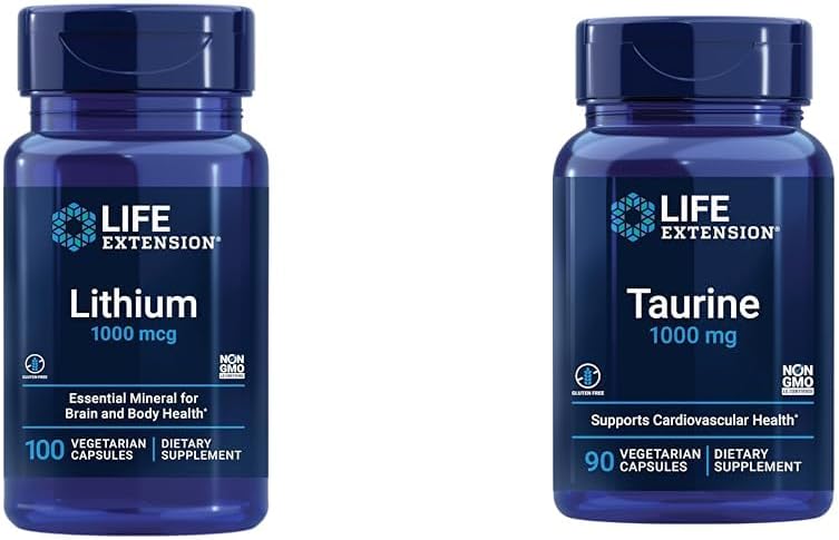 Lithium 1000 mcg a Taurin 1000 mg - Brain Health, Anti- Aging, Longevity, Memory, Cognition, Mood, srdce, játra, svaly a cvičení Podpora - 100 Počet
