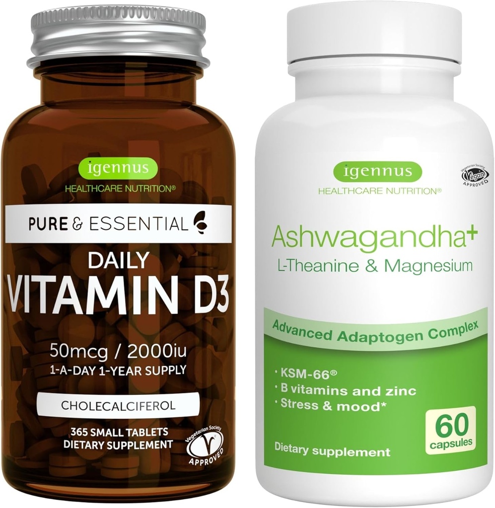 Denné vitamíny D3 + Ashwagandha+ L-theanín a horčík Vegetarian Bundle, 365 2000iu vitamín D3 tablety + 600 mg KSM-66 Ashwagandha s vitamínmi zinku a B, Igennus