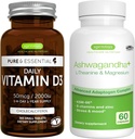每日维生素D3 + Ashwagandha + L- Theanine & Magnesium Vegetarian Bundle,365 2000iu 维生素D3 片+ 600mg KSM-66 Ashwagandha 配有锌和乙类维生素,由伊根努斯制作
