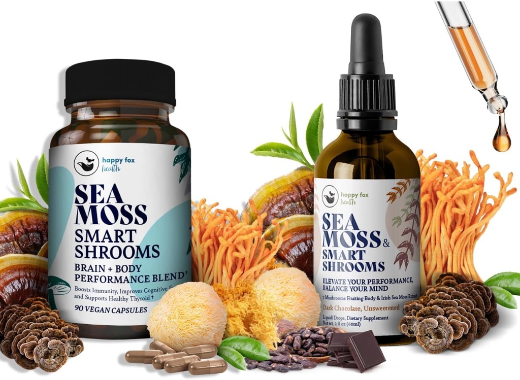 Brain Superfoods Bundle - Organic Sea Moss & Smart Shrooms, Capsules and Liquid Drops Bundle, Organic Irish Seamoss és 7 Adaptogén kiegészítők memória és fókusz. Folyékony cseppek csokoládéízben