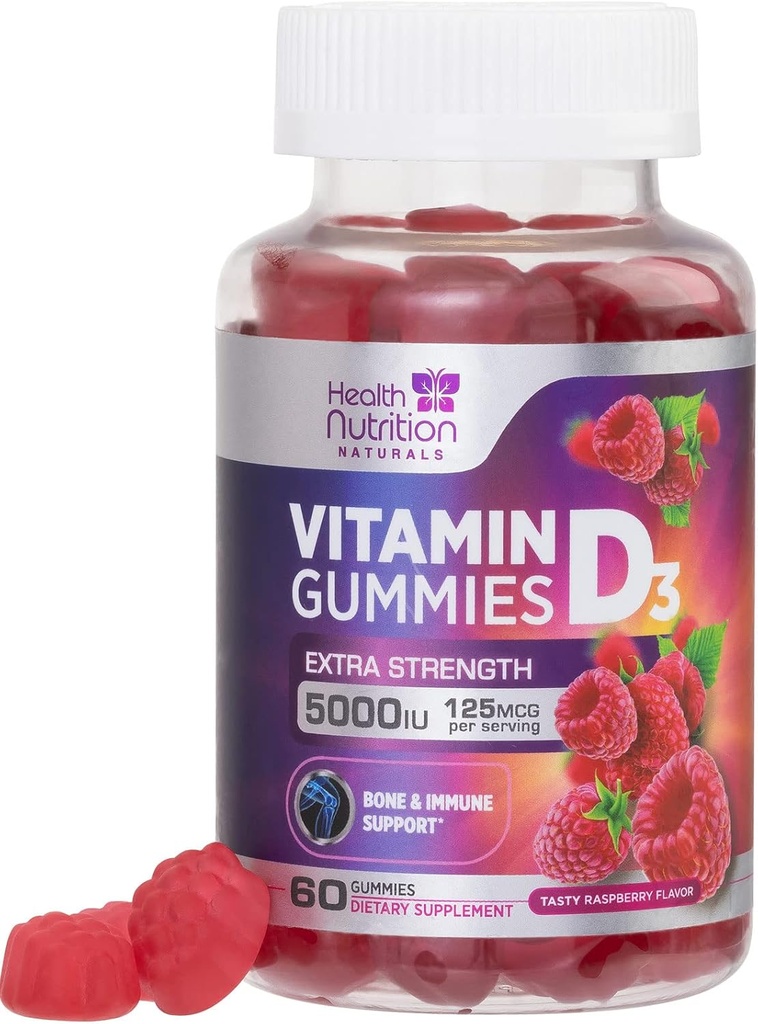 Vitamiin D3 Gummies 5000 RÜ (125 mcg) - kolmekordne tugevus luu ja immuunsuse tugi, D-vitamiini kummi toidulisand, looduse marja D-vitamiini lisand, vaarika maitsestatud, mitte-GMO - 60 Gummies