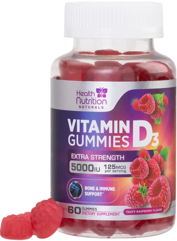 Vitamin D3 Gummies 125 mcg (5000 IU) Per Serving - 3X Strength Immune Support & Bone Support, Vitamin D Gummy Dietary Supplement, Nature's Berry D Vitamin Supplement, Raspberry Flavored - 60 Gummies