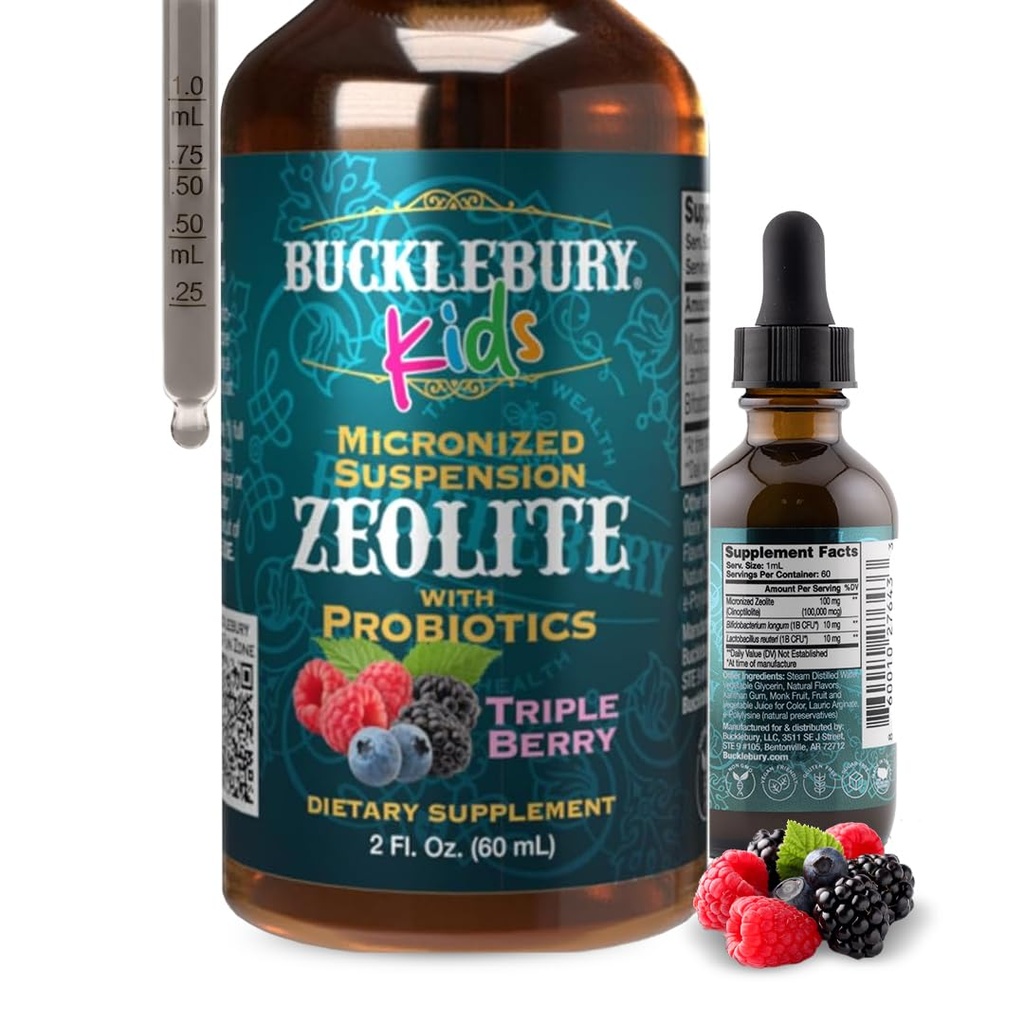 BUCKLEBURY Liquid Zeolite Detox for Kids with Probiotics - Sugar Free Natural Berry Flavour Probiotics for Kids - Zeolite Heavy Metal Detox and Immune Support - 2 Fl Oz