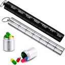 Vesici 2 Pack Metal Weekly Pill Organizer Travel Pill Container with Keychain 7 Day Weekly Waterproof Small Capsules Holder Case Box Stackable for Women Men Travel Outdoor(Black, Silver)