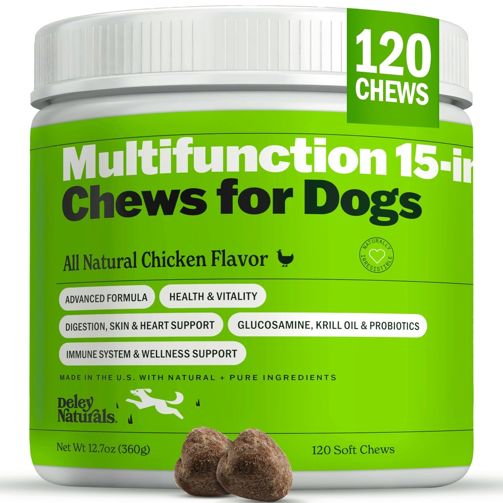 Deley Naturals 15 in 1 Multivitamin for Dogs - Complete Dog Vitamins and Supplements for Immune Support, Joint, Skin, Digestion, Heart & Overall Health - Daily Multifunction Supplements - 120 Chews
