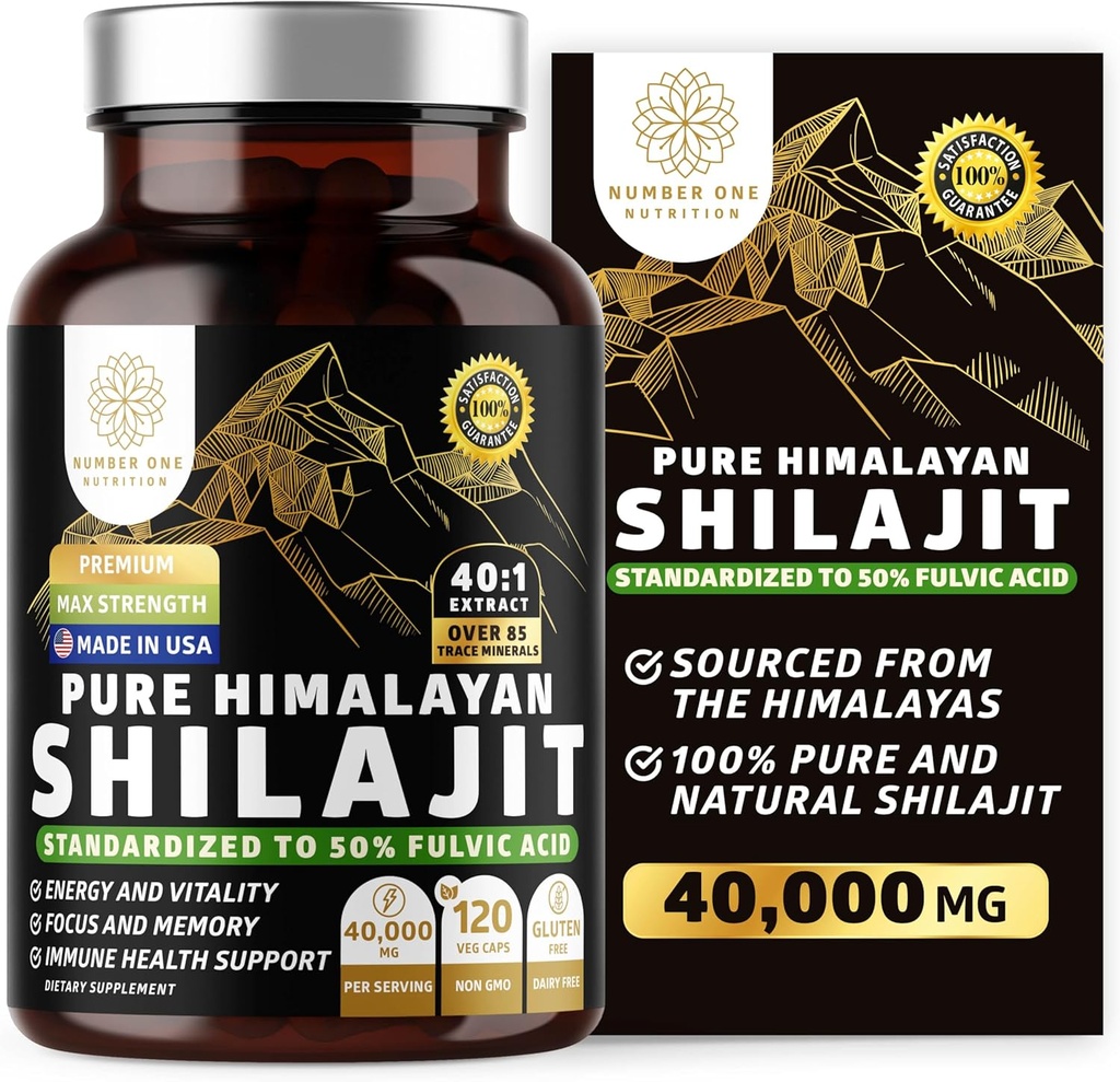 Pure Himalayan Shilajit Suplemento para homes e mulleres, [40,000MG, Max Strength] Contén 50% de ácido fúvico con máis de 85 minerais traza para apoiar enerxía, cerebro e inmunidade, 120 Veg Caps.
