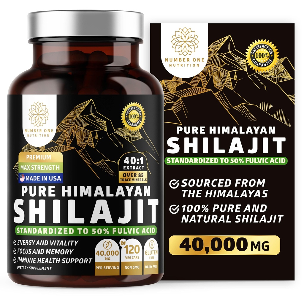 Pure Himalayan Shilajit Supplement for Men and Women, [40,000MG, Max Strength] Contains 50% Fulvic Acid with Over 85 Trace Minerals to Support Energy, Brain and Immunity, 120 Veg Caps