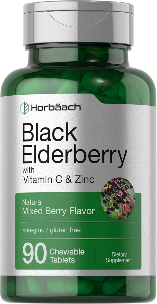 Horbaach Black Elderberry with Vitamin C and Zinc | 90 Chewable Tablets | Mixed Berry Flavor | Immune Support Complex | Vegetariano, Non OGM e Gluten Free Supplement